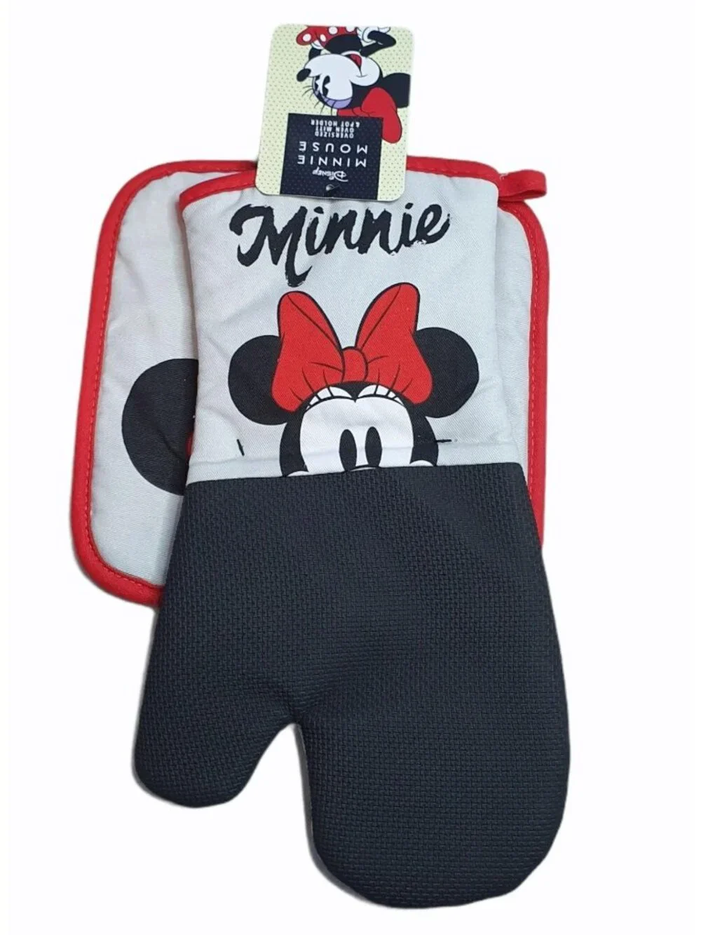 Minnie Mouse Oven Mitt and Pot Holder  Over Sized  Gray Red Black Disney